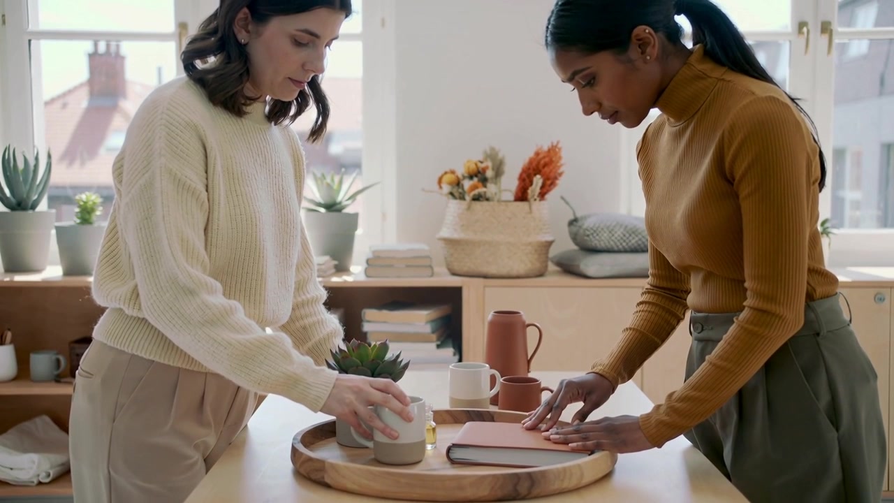 Reaching women wearing cream and mustard arranging tray in kitchen, styling succulent and notebook