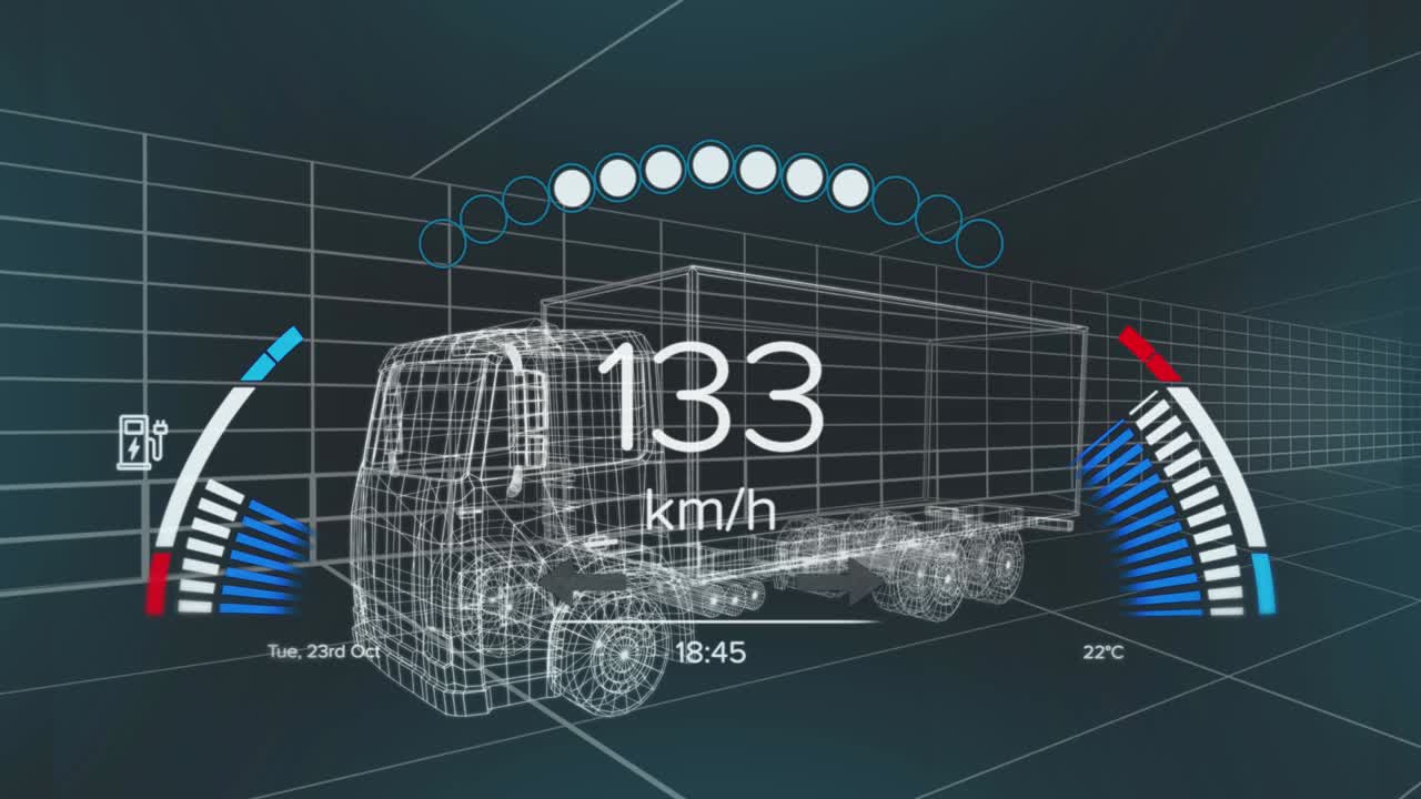 animación del velocímetro, el gps y los datos del estado de carga en la interfaz del vehículo, en un modelo de camión 3d