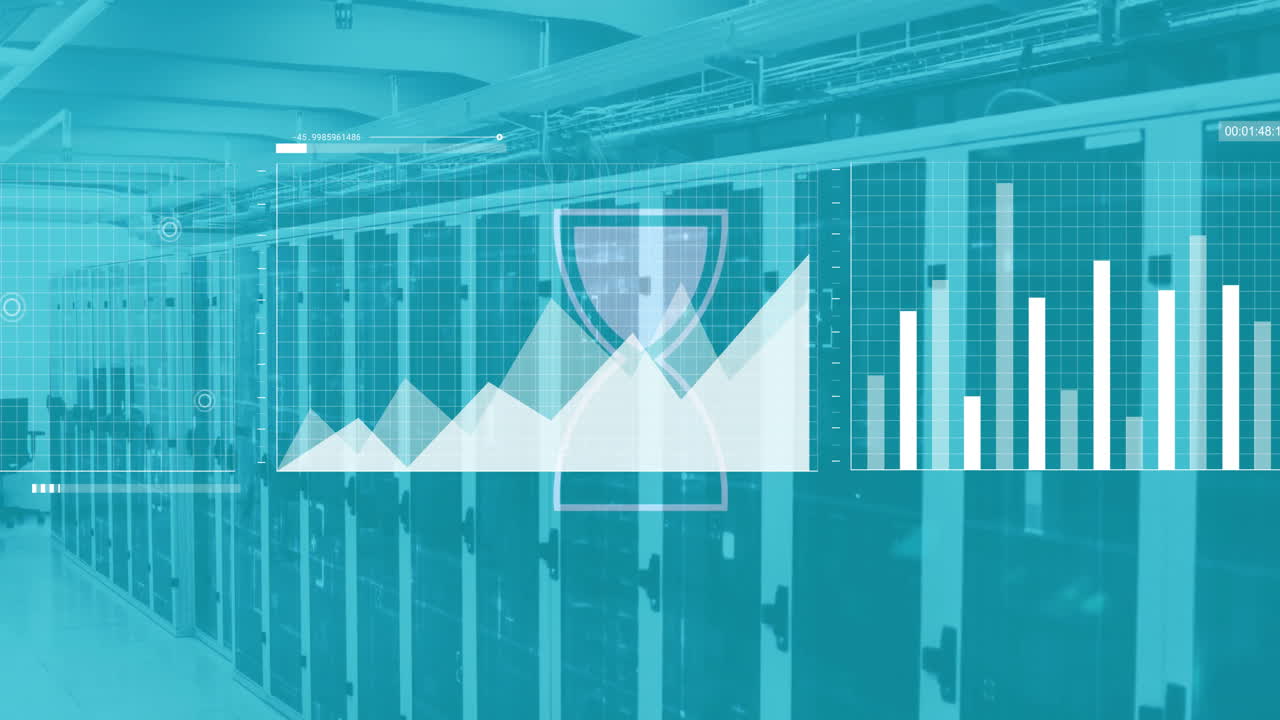 Animation of hourglass icon and financial data processing over computer severs