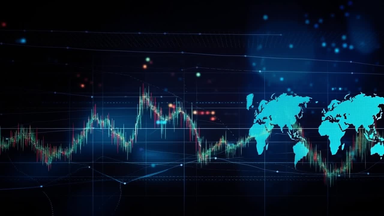 Global trading trend analysis. A digital display illustrates trading trends with graphs and a world map, highlighting market fluctuations and analysis.