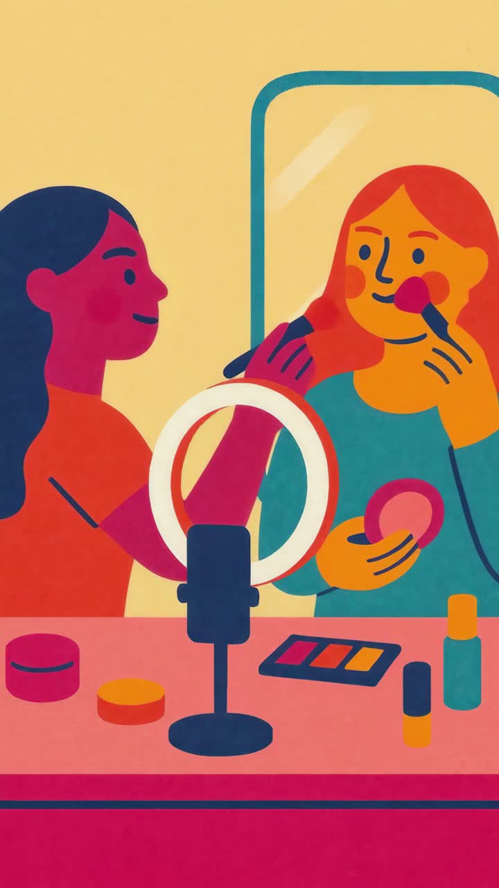 Colorful illustration of two people applying makeup, viewed from a side angle