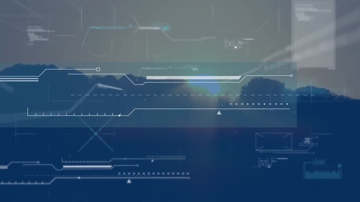 Animation of data processing on screens over landscape