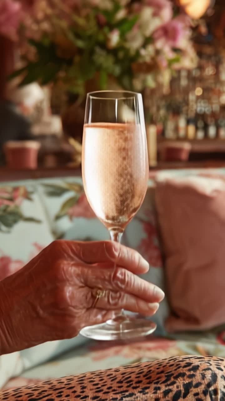 Un momento accattivante: una mano tiene delicatamente un flûte di rosé effervescente, su uno sfondo floreale fiorito, evocando eleganza e celebrazione.
