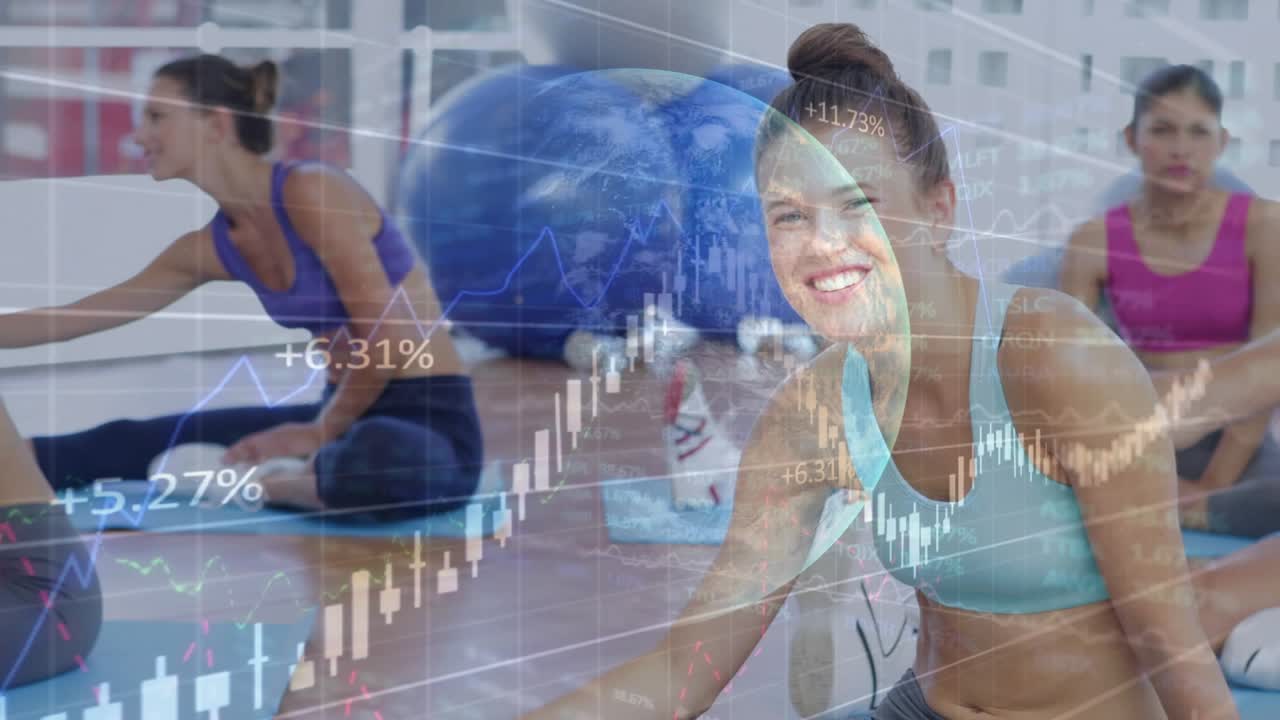 Foreground woman stretching on mat, animated globe and charts fading in, highlighting finance gains
