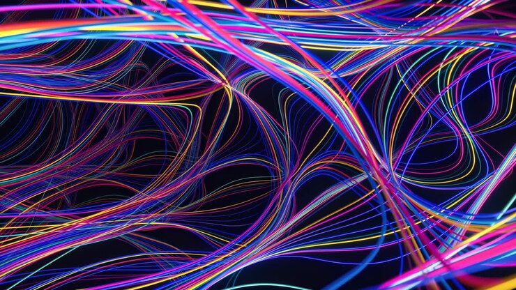 Rastros de luz neon cruzando o preto, linhas elétricas dinâmicas tecendo como uma autoestrada futurista, com alta energia.