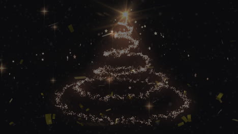 confetti falling over light trail forming christmas tree on black background