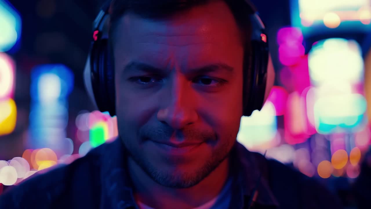 Man listening to music with headphones in a city at night