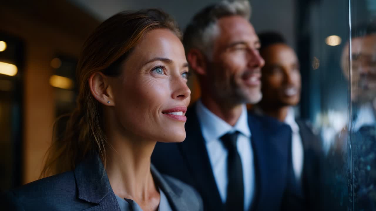A Group of Professionals in Business Attire Looking Outward with Determination and Optimism, Captured in a Modern Office Environment Emphasizing Teamwork, Confidence, and Ambition in Their Expression