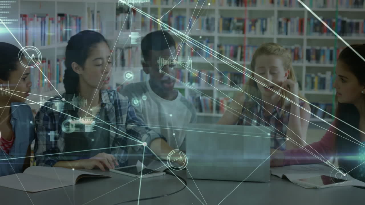 도서관에서 공부하는 학생들에 대한 네트워크 연결 및 데이터 처리 애니메이션