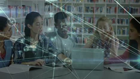 conexiones de red y animación de procesamiento de datos sobre estudiantes que estudian en la biblioteca