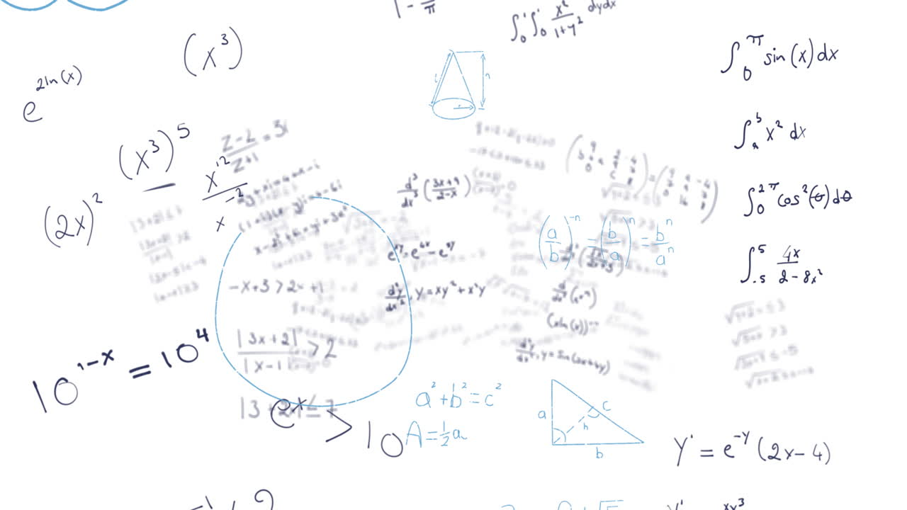 animación de ecuaciones matemáticas, diagramas y fórmulas que flotan sobre un fondo blanco