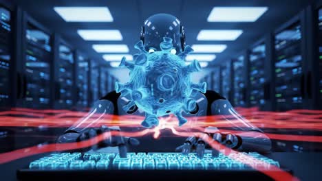 a futuristic robotic entity manipulating complex data, transitioning between cybersecurity and bio-digital interactions in a high-tech server environment