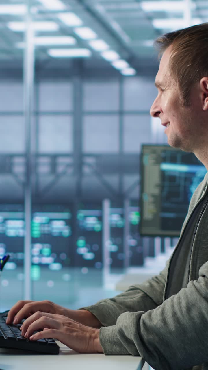 Man Typing on Keyboard in Modern Data Center Office