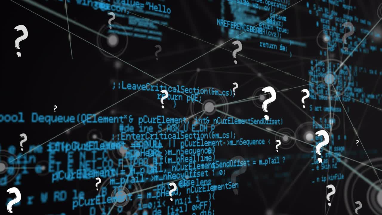 Animation of question mark icons over network of connections and data processing on black background