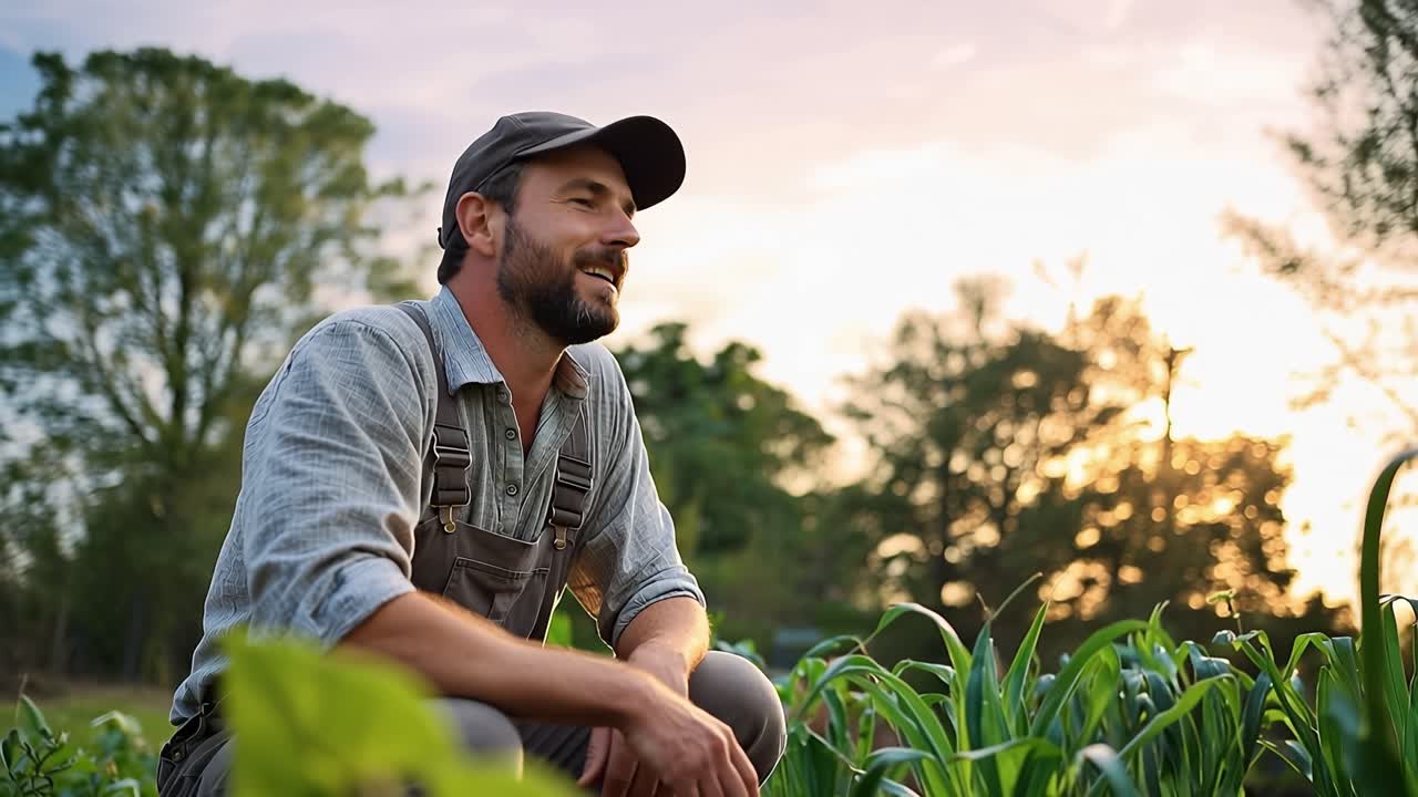 Fazendeiro ajoelha-se, cuidando do solo com carinho e foco. Mãos pressionam suavemente a terra ao redor de plantas jovens, nutrindo o crescimento. A luz do sol brilha suavemente atrás dos brotos verdes, projetando tons quentes.