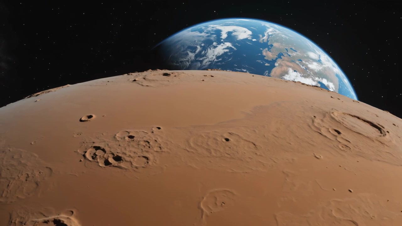 Telecamera in panoramica che inizia a tracciare, rivelando un terreno craterizzato dalla ruggine in orbita bassa per inquadrare la Terra che sorge.