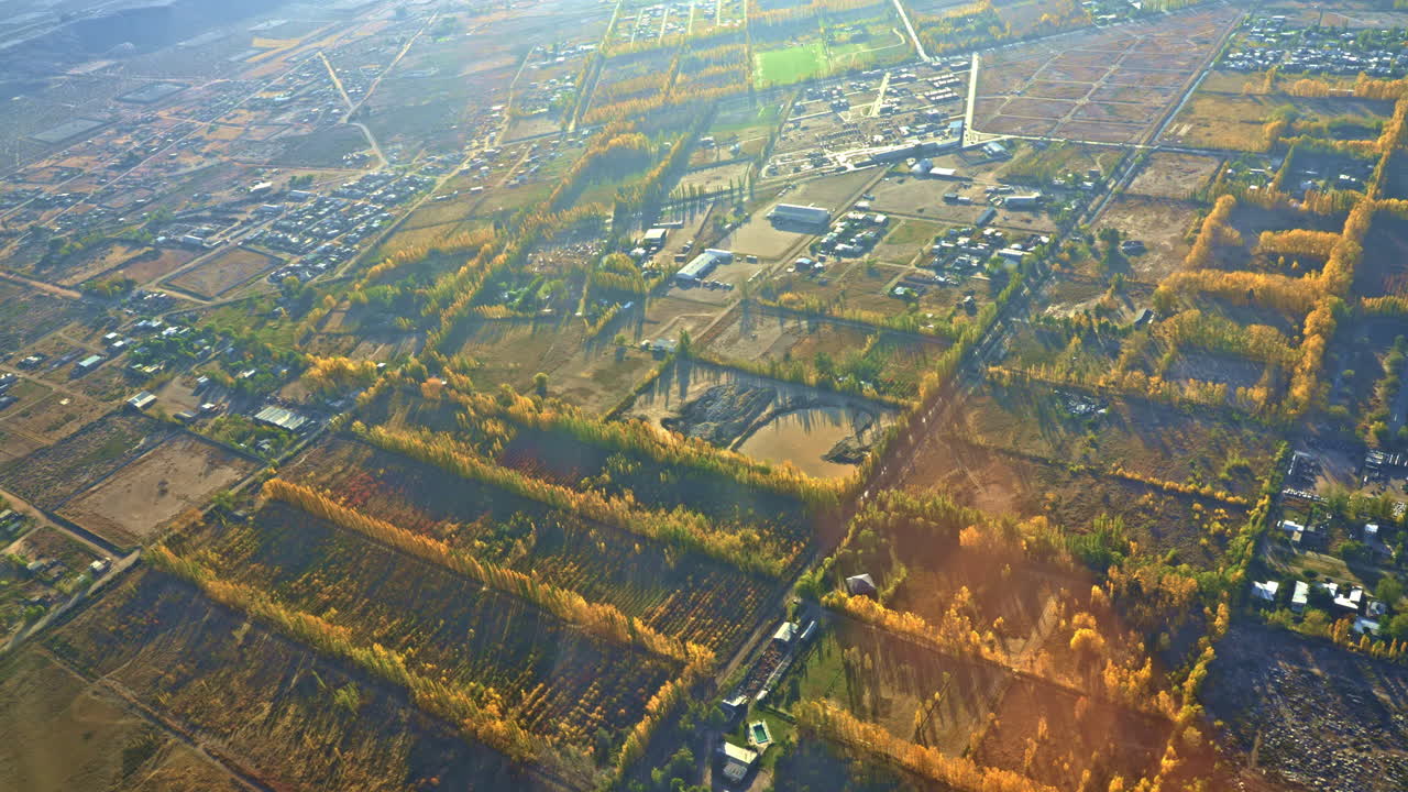 Aerial View of Rural Farmland and Village in Autumn