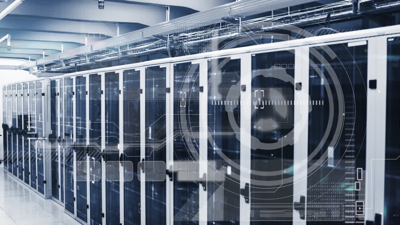 Animation of scope scanning and data processing over tech room with computer servers
