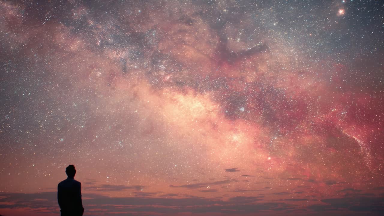 A solitary figure stands in awe beneath a stunning starry sky, illuminated by vibrant colors of the Milky Way galaxy, evoking a sense of wonder and exploration