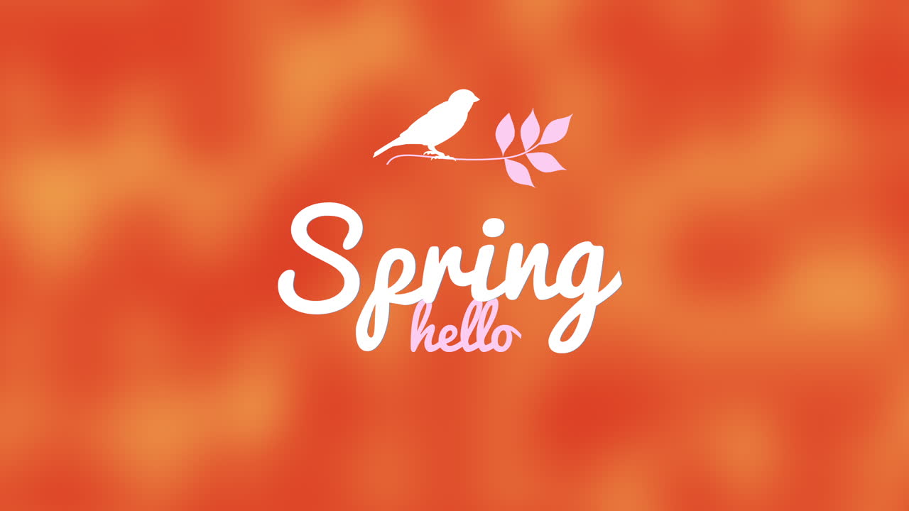 hola primavera logotipo de pájaro juguetón en patrón naranja y blanco borroso