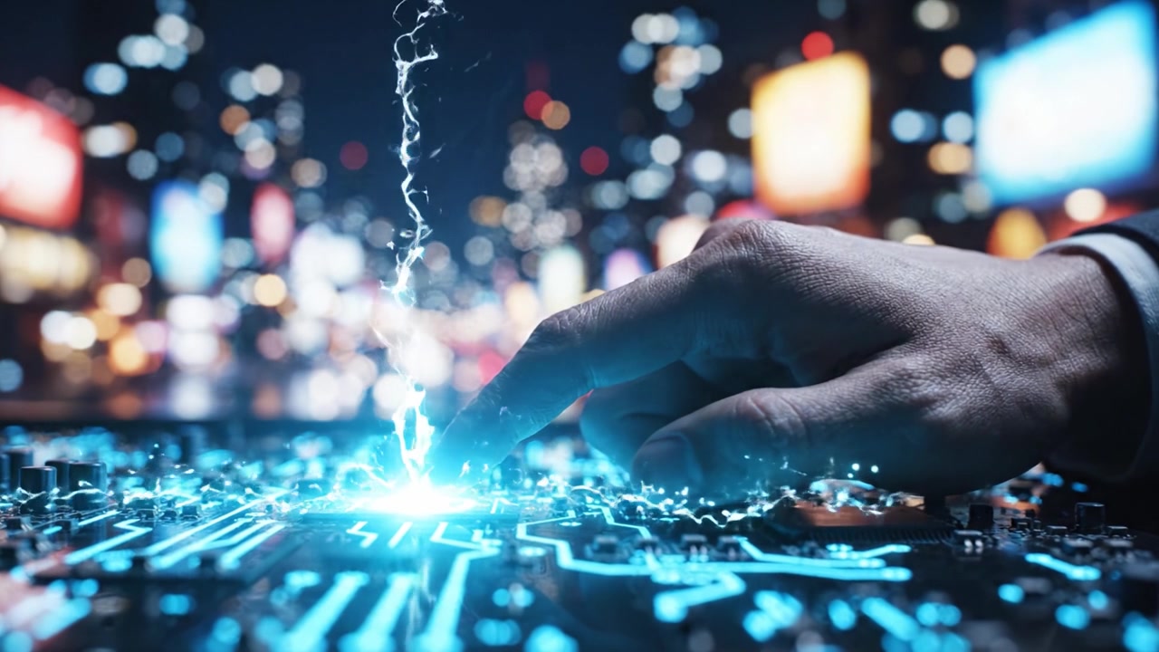 A Glimpse into the Fusion of Technology and Urban Life: Exploring the Interaction between Digital Circuits and the Vibrant Cityscape under Night Lights