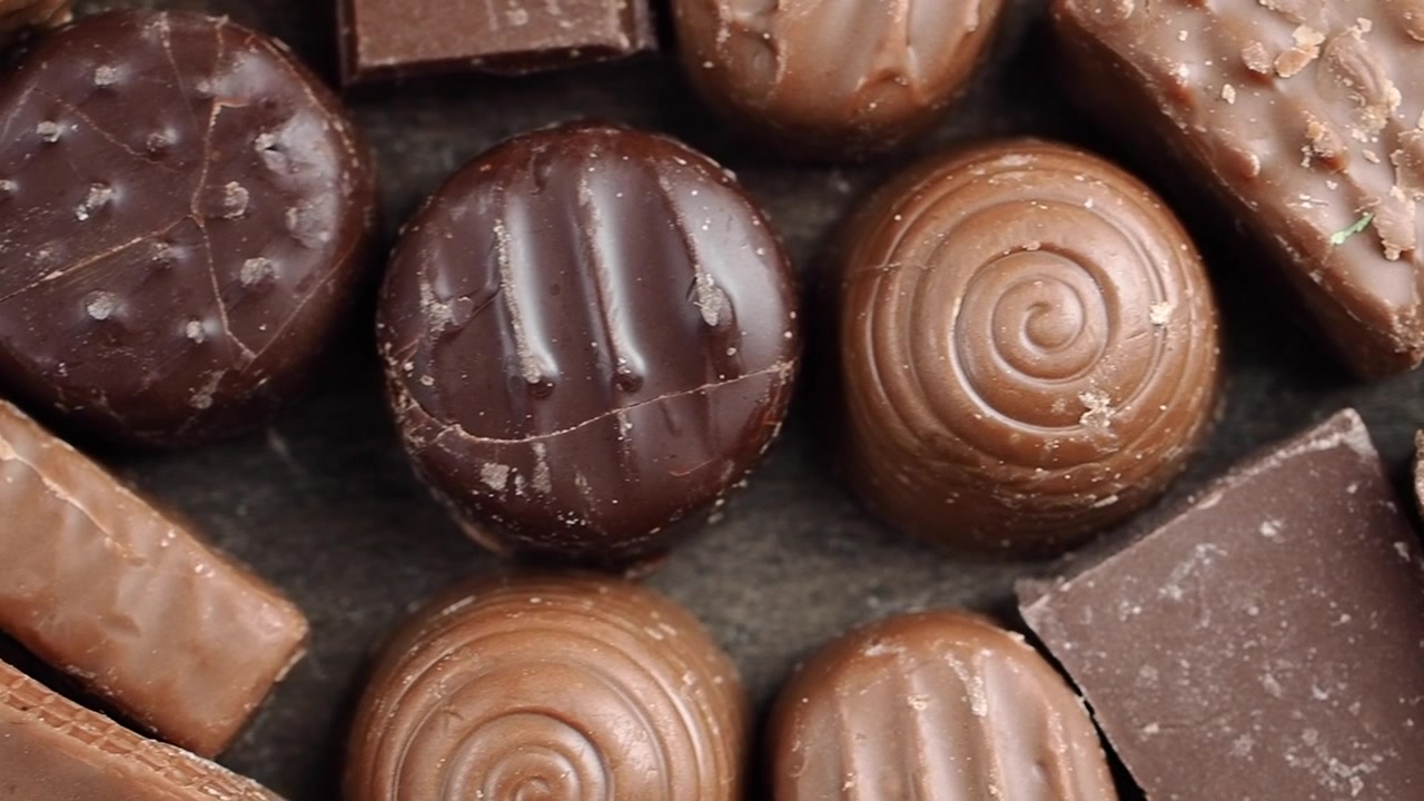 Assorted Gourmet Chocolates Arranged on a Dark Surface