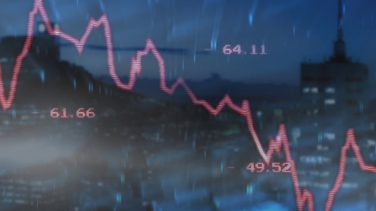 Animation of fluctuating stock market graph over cityscape at night