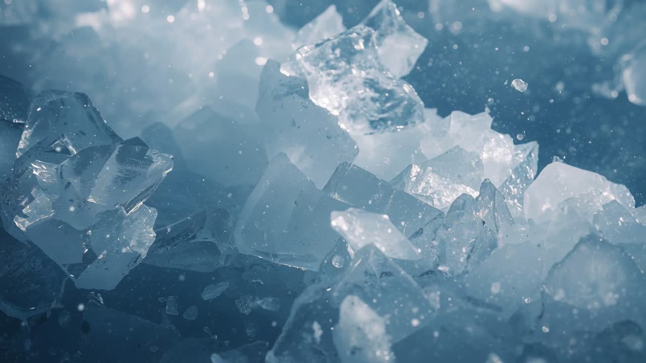 Spostamento della camera che rivela cristalli di ghiaccio traslucidi nel frigorifero, goccioline che fluttuano e brillano