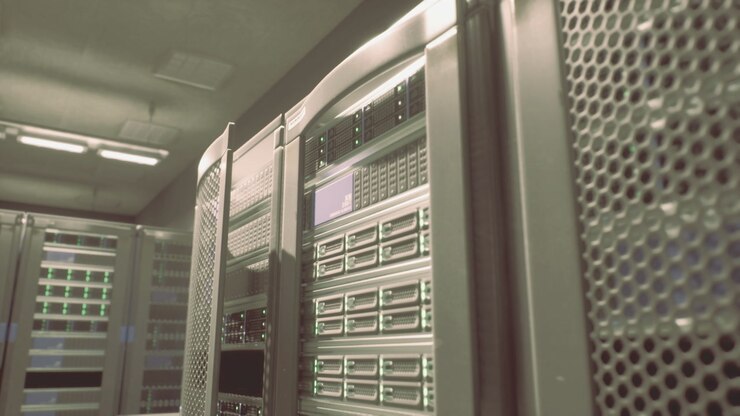 Modern server room filled with advanced technology and glowing lights