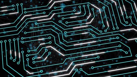 digital animation of microprocessor connections and network of connections against black background