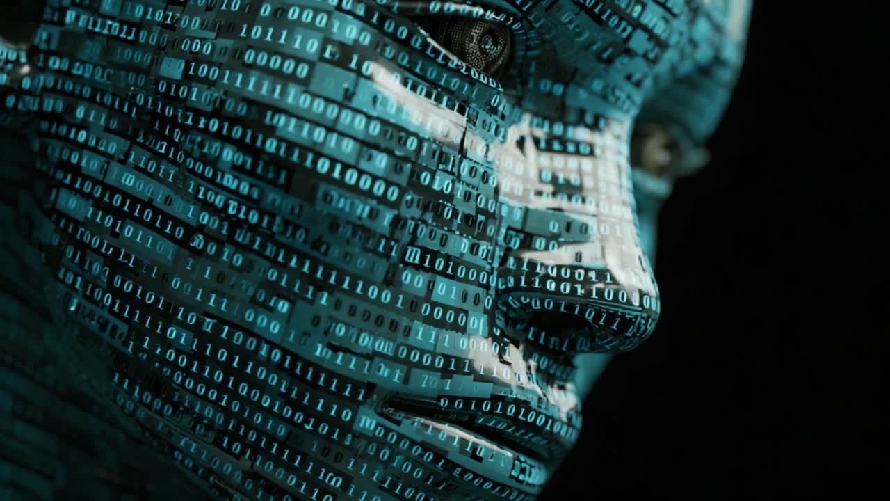 Digital human face made of stone, with glowing blue binary code streaming across its surface, representing concepts like artificial intelligence, machine learning, and data processing