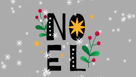 digital animation of snowflakes falling over neol text against grey background