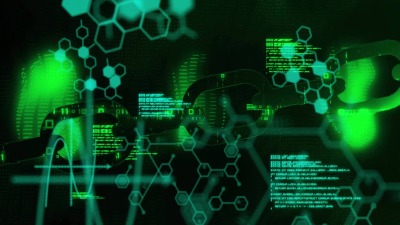 Animation of chemical formula and data processing over chain on black background