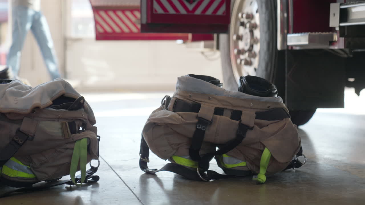 Firefighter bunker boots and turnout emergency gear ready for action inside fire station garage. Special fireman equipment on the floor of fire engine next to truck in USA city or town during daytime