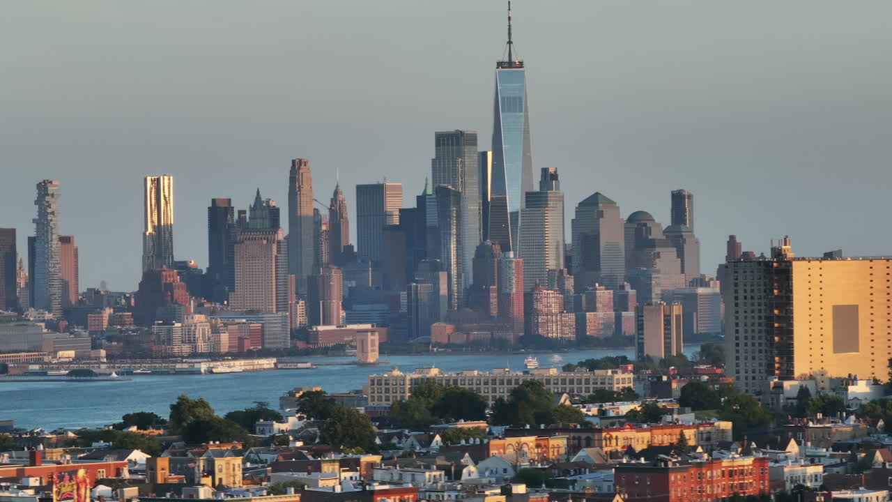 Aerial view of the World Trade Center at dusk. Shot in New Jersey looking towards Lower Manhattan