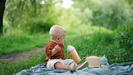 Adorable Caucasian baby boy wearing brown t-shirt sits on the plaid. Kid plays with a cup and straw outdoors. Blurred backdrop.