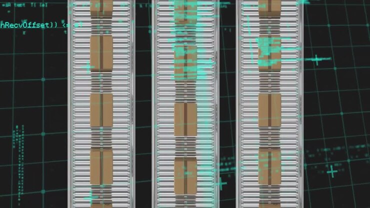 Animation of data processing over multiple boxes on conveyer belt against black background