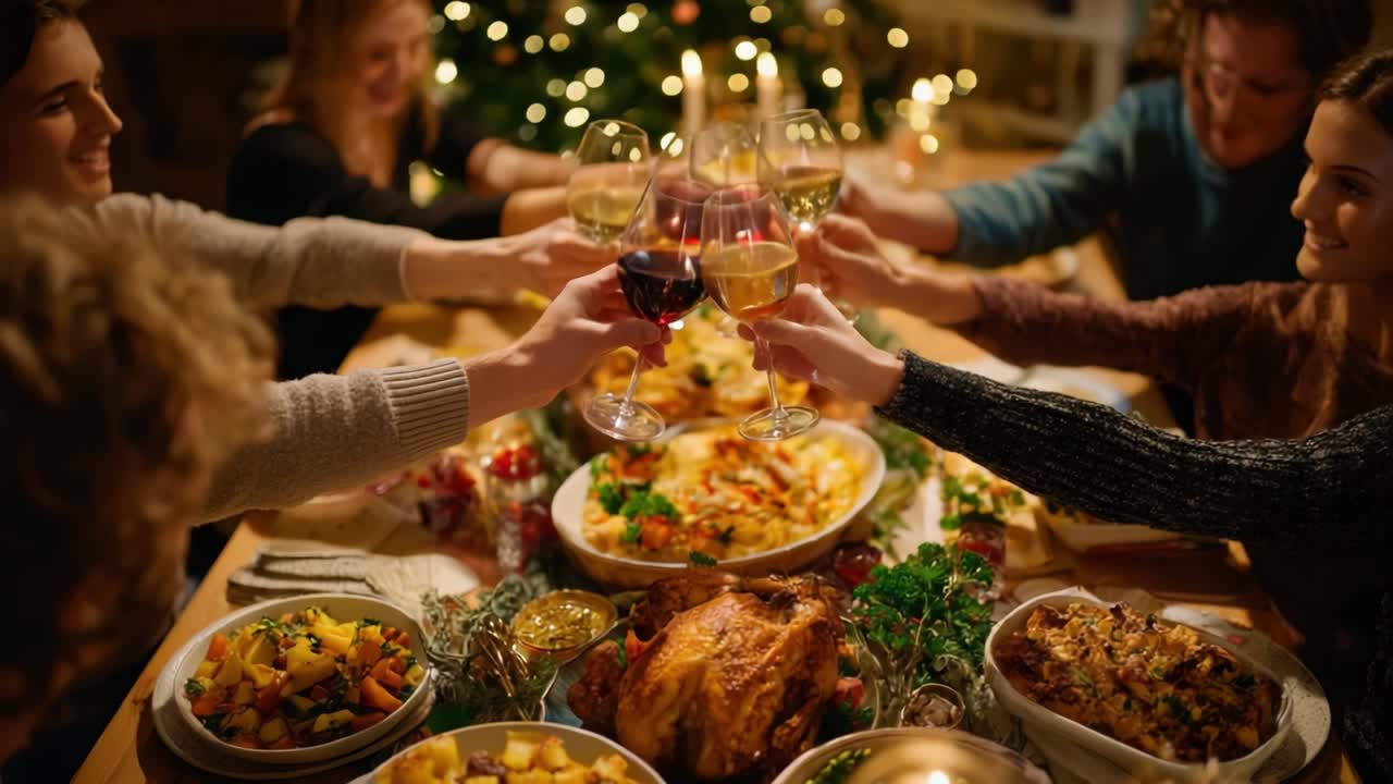 A Joyful Celebration Around the Dinner Table with Friends, Toasting Glasses Filled with Wine Amidst a Festive Feast Surrounded by Delicious Dishes and Holiday Decorations, Sharing Laughter and Togetherness