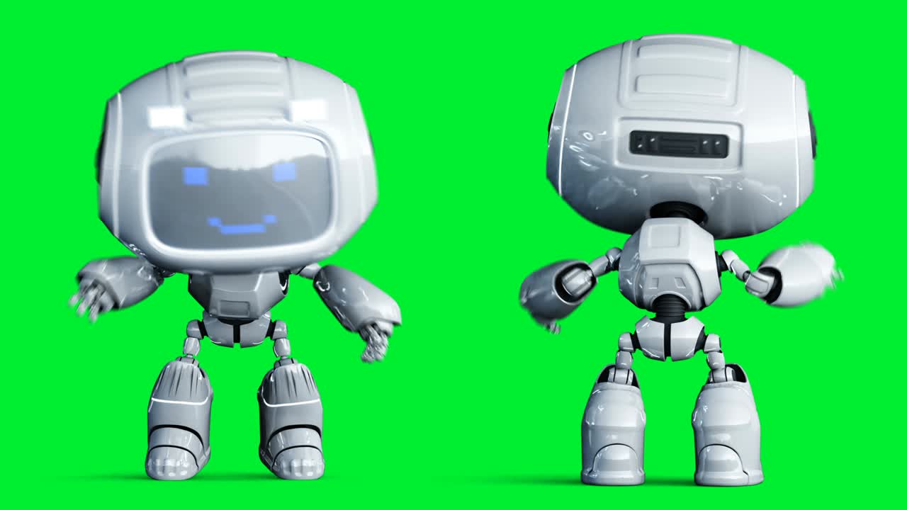 animación de robot de juguete blanco sonriente. desenfoque de movimiento físico. animación realista en pantalla verde 4k. pantalla verde