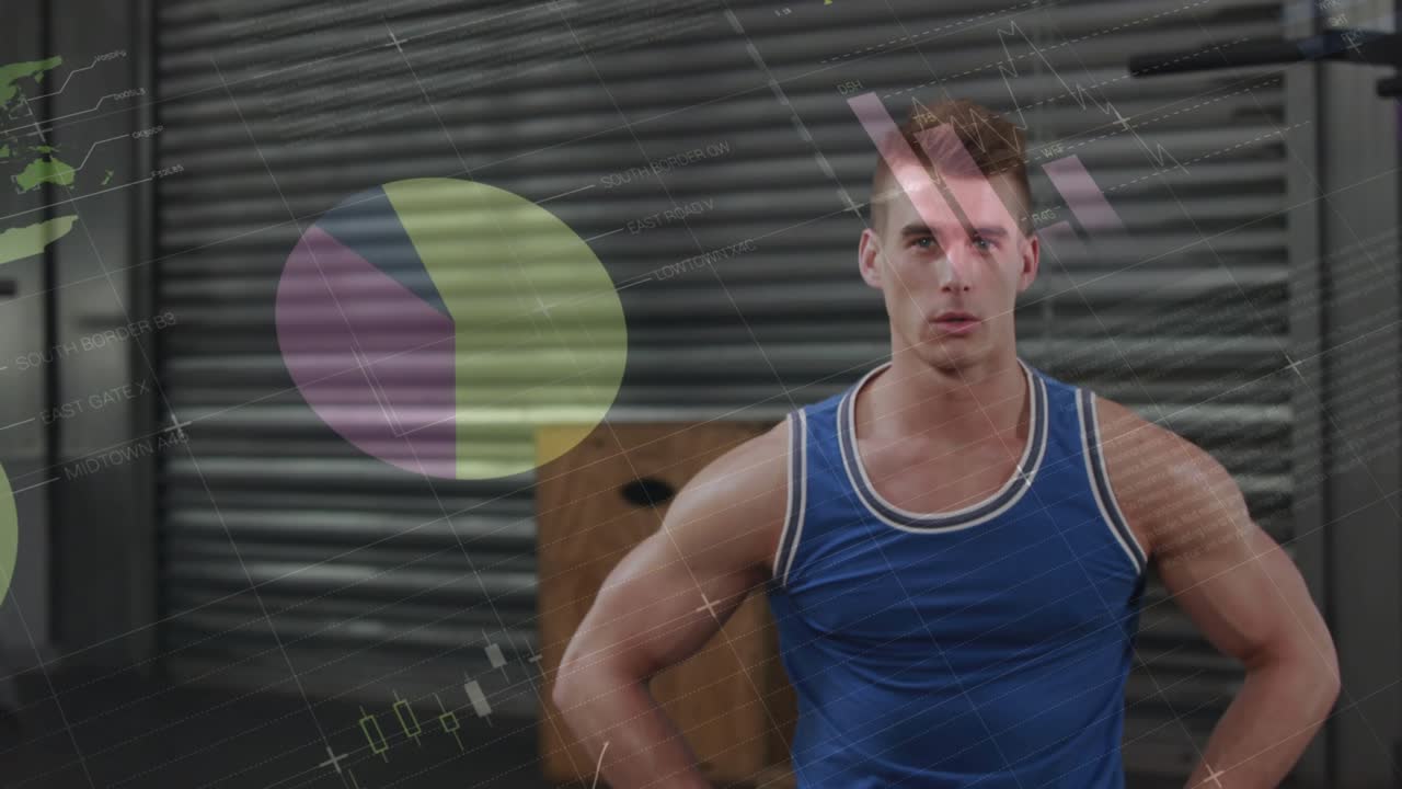 Man lowering onto med ball, doing pushups while animated meters tracking fitness metrics