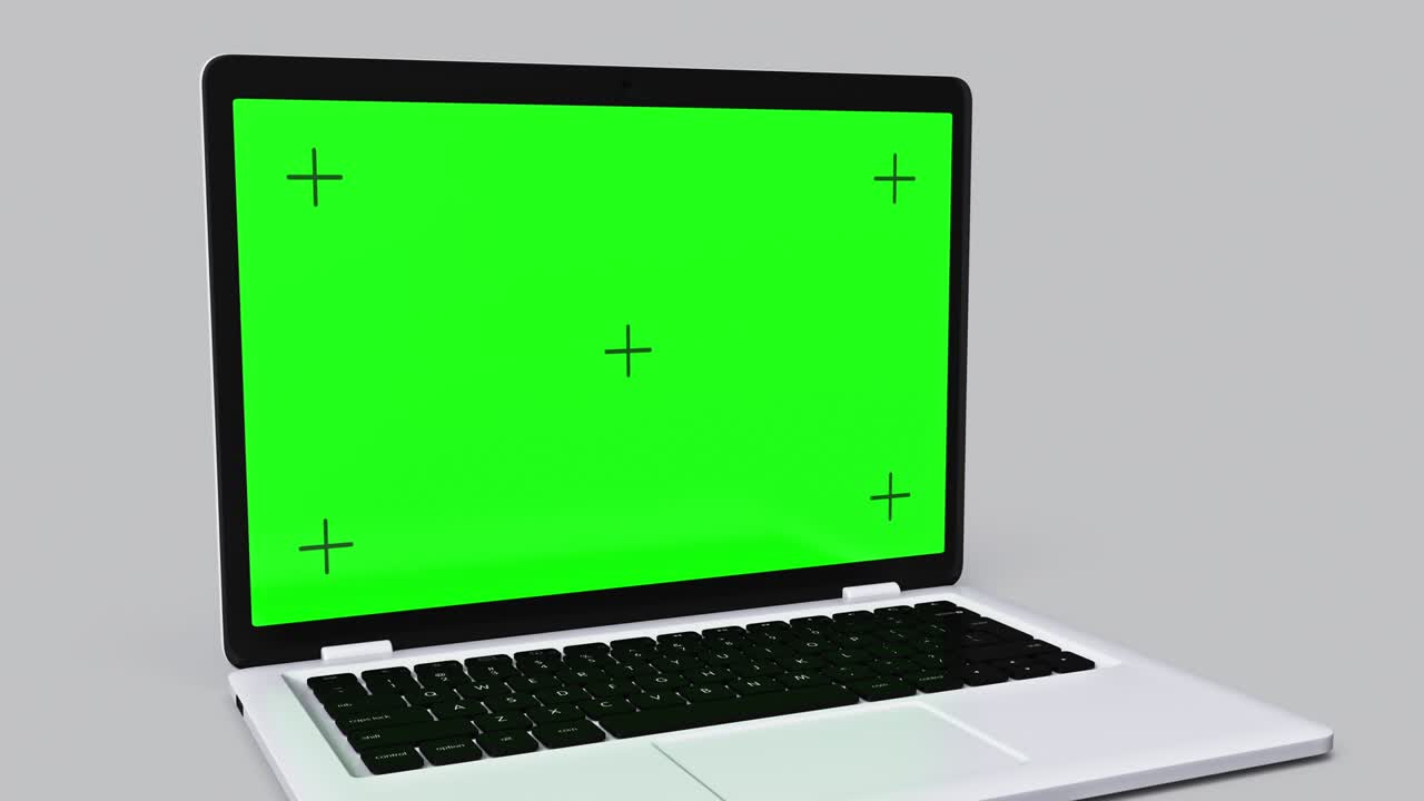 portátil moderno con una pantalla verde sobre un fondo gris. animación 4k con canal alfa. capacidad para cambiar el fondo y la imagen en la pantalla del portátil.
