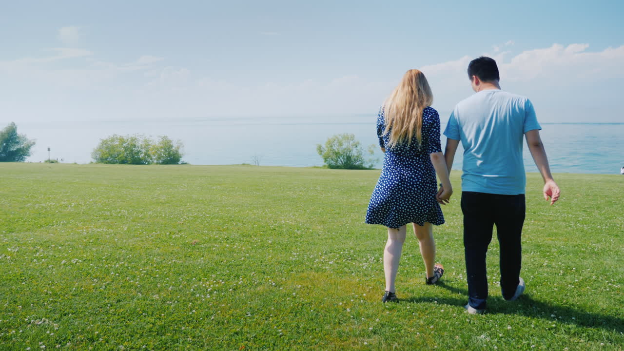 녹색 초원을 따라 걷는 젊은 다민족 부부는 아름다운 구름이 h에 있는 곳으로 나아갑니다