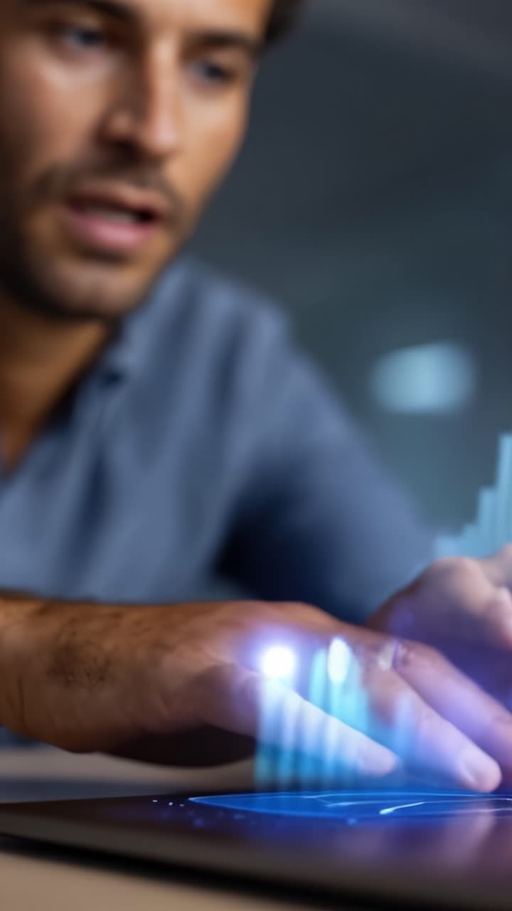Focused Individual Engaging with Technology: A Man Interacting with a Laptop and Touchscreen in a Modern Digital Environment, Emphasizing Connectivity and Innovation
