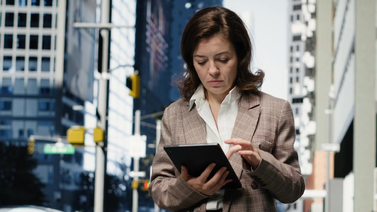 Businesswoman using tablet to solve work tasks in downtown center