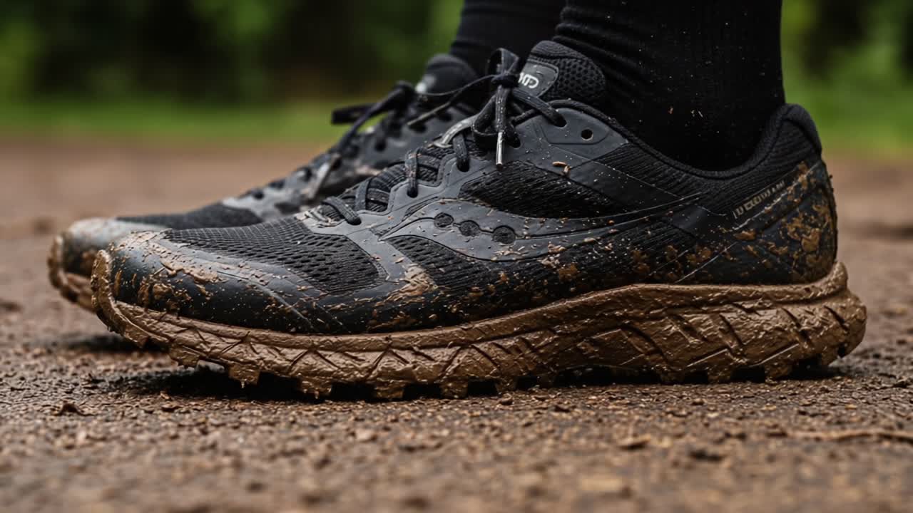 Exploring Nature: A Close-Up of Mud-Covered Trail Running Shoes Imbued with Adventure and Outdoor Enthusiasm