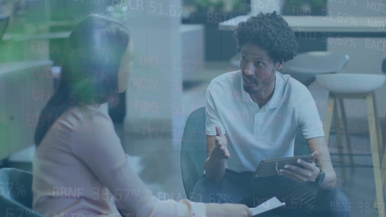 Animation of data processing over business people in office