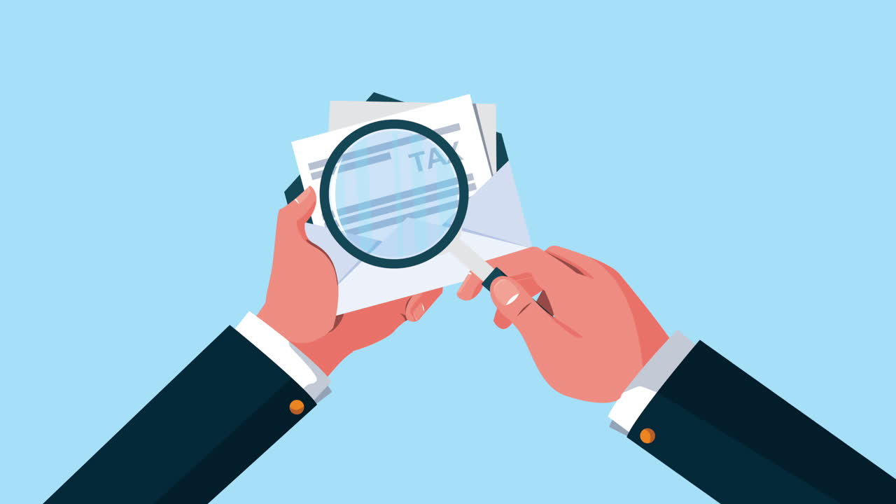 animación del día del impuesto con documento en sobre y lupa de elevación a mano