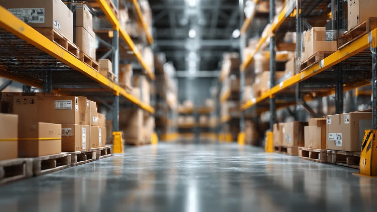 A Well-Organized Warehouse Featuring Rows of Stacked Boxes Shining Under Bright Lights, Demonstrating Efficient Inventory Management and a Clean Storage Environment