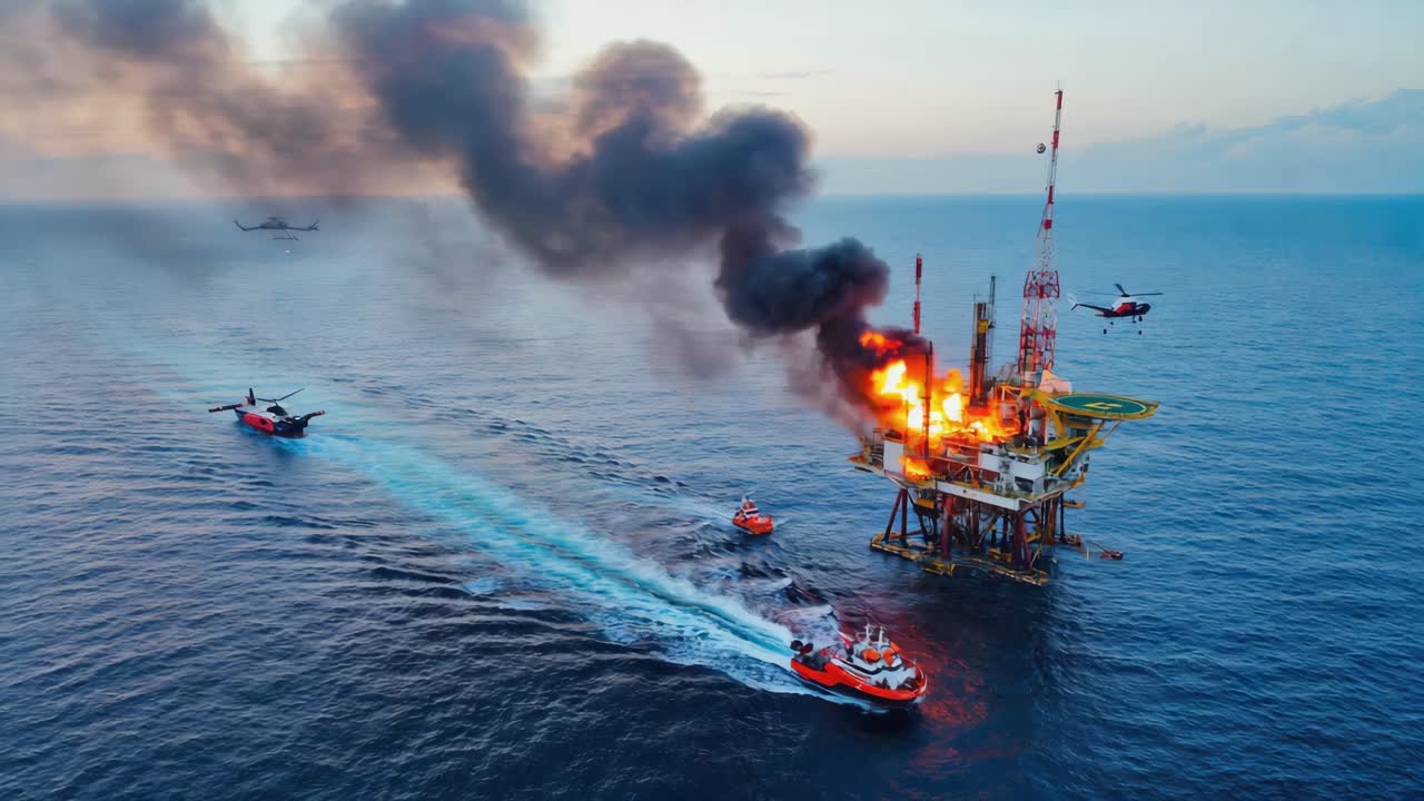 Offshore Oil Rig Fire with Helicopter and Boat Rescue | Premium Stock ...