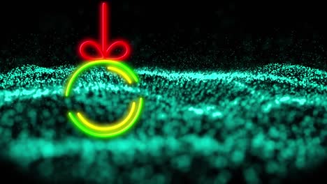 Animation-of-christmas-neon-decoration-over-green-wave-on-black-backgroun